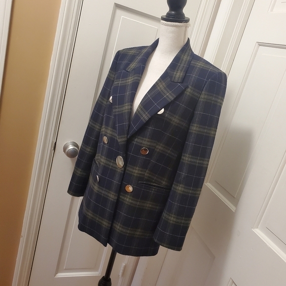 Navy Plaid Fully Lined Career Blazer Medium NavyGreen Classic - Picture 2 of 12